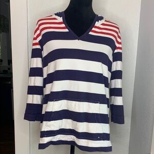 Tommy Hilfiger red white blue stripe hooded top kangaroo pocket 3/4 sleeves XL